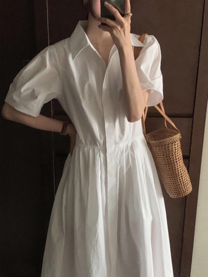Women Solid Color Streetwear Vintage Loose Short Sleeves White Midi Dress