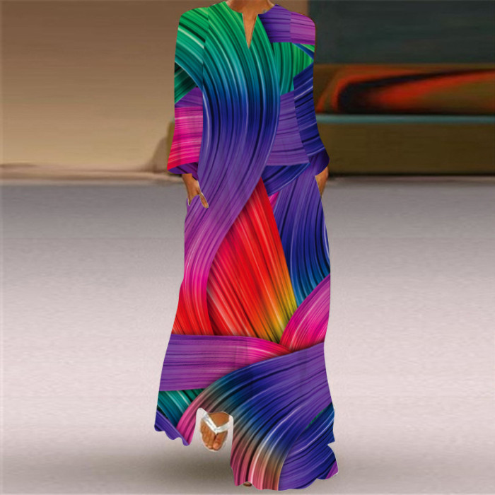 Bohemian Long Sleeve Loose V Neck Casual Pocket Print Maxi Dress