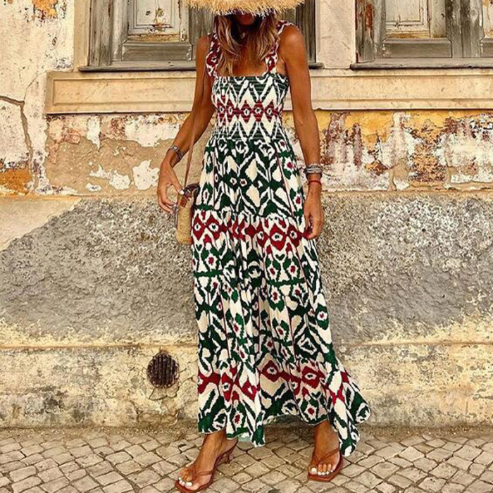 Bohemian Fashion Sleeveless Ruffle Casual V-Neck Loose Pleated  Maxi Dress