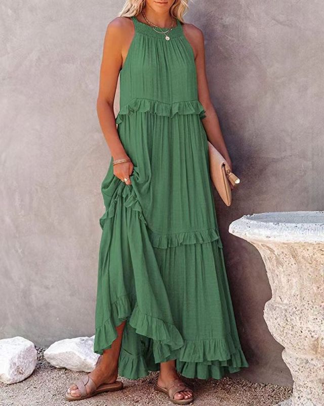 Women Ruffles Loose Solid Color Sleeveless Maxi Dress