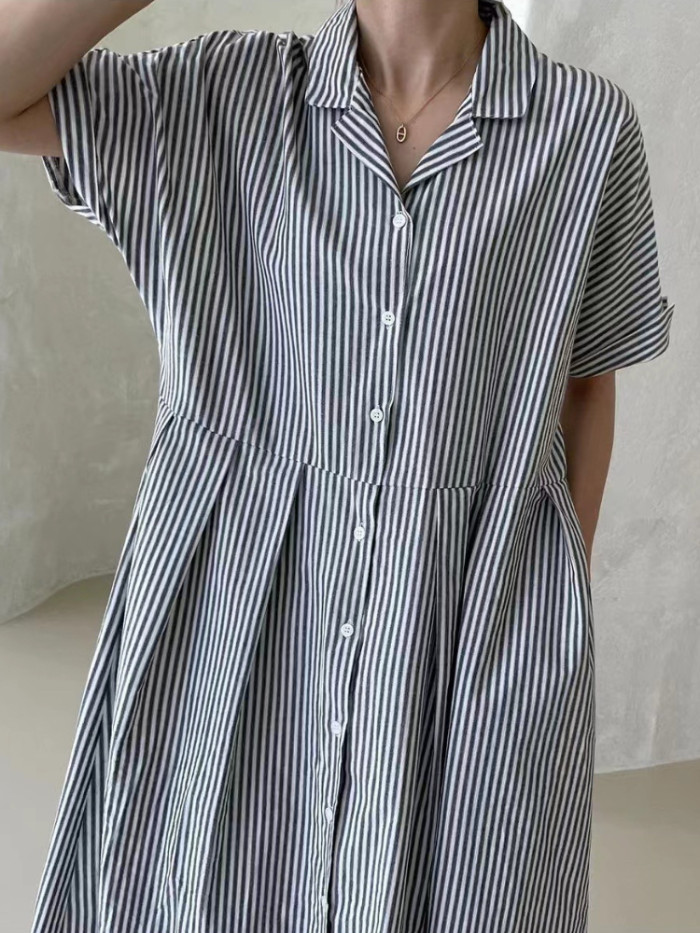 Women's Striped Lapel Street Retro Casual Loose Maxi Dress