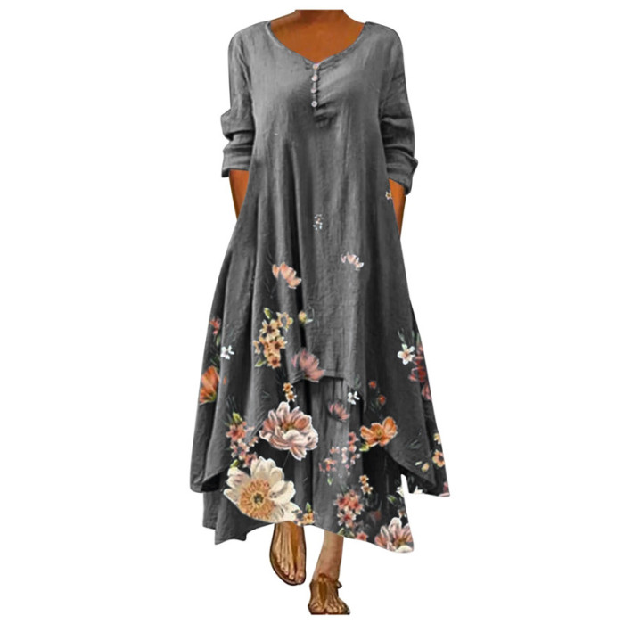 Floral Print Long Sleeve O Neck Irregular Loose Party Maxi Dress