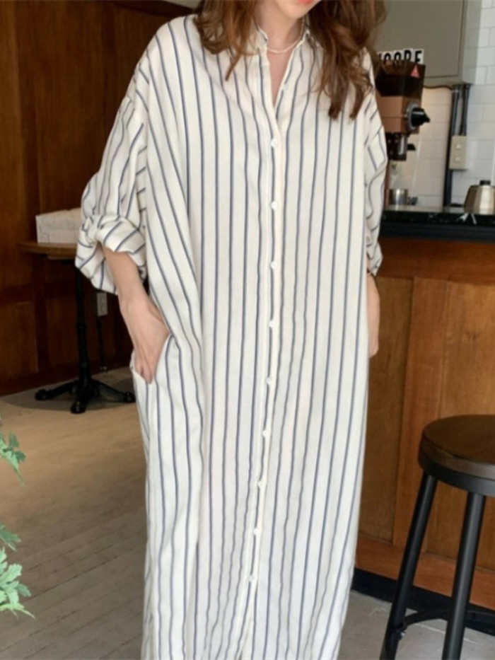 Women Striped Casual Cardigan Maxi Dresses