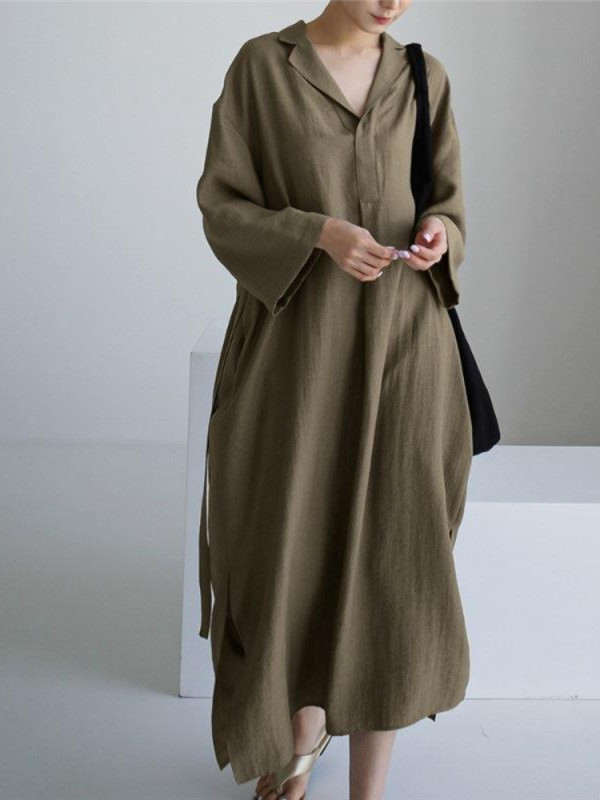 Women Fashion Long Sleeve Vintage Oversize Casual Streetwear Midi Dress