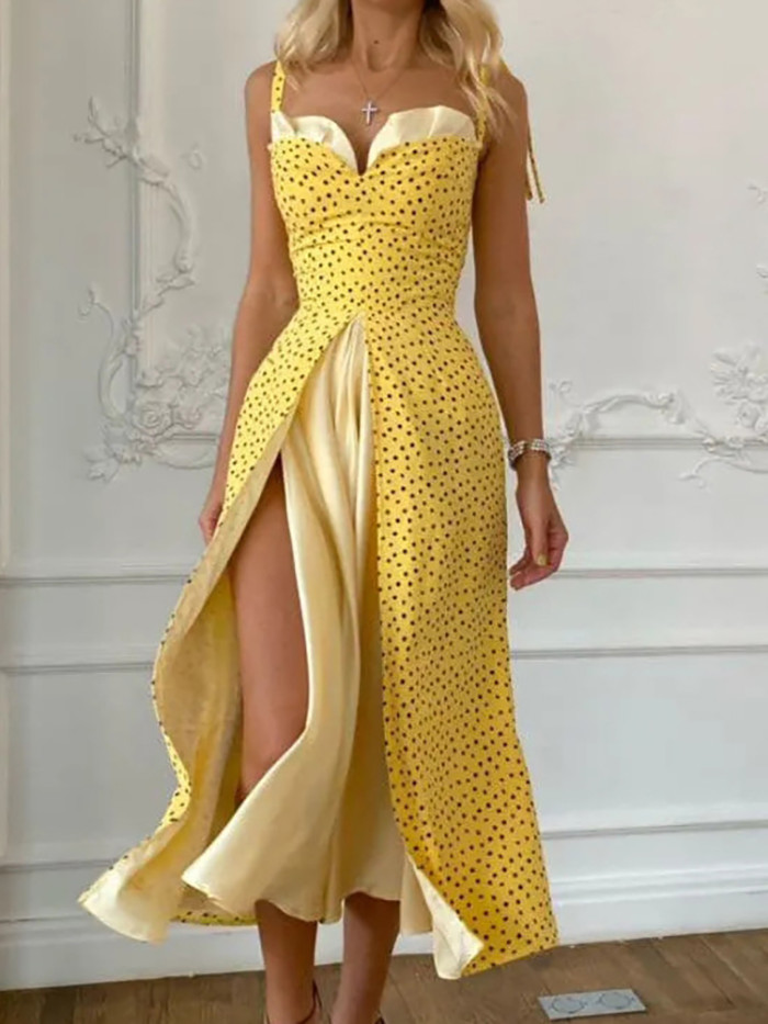 Women Fashion Sleeveless Elegant Ruffles Sexy High Slit Midi Dress