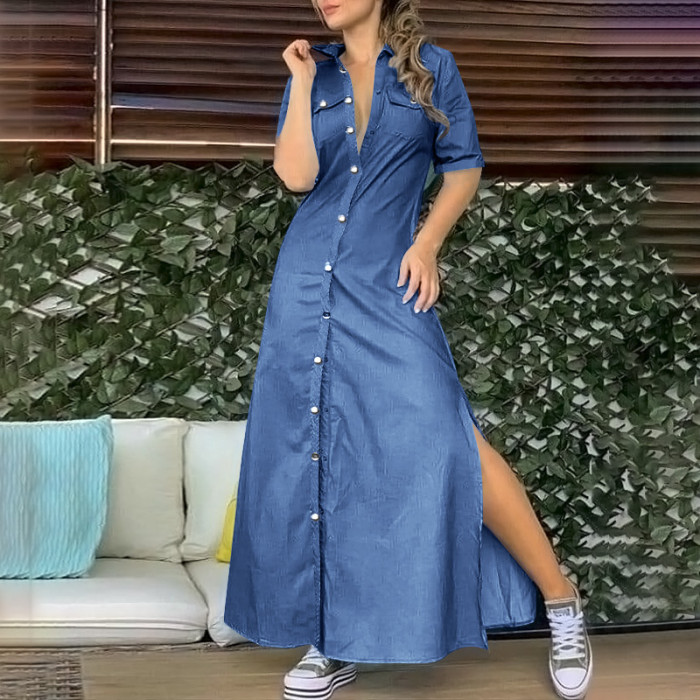 Women Denim Dress Shirt Collar Solid Elegant Maxi Dress