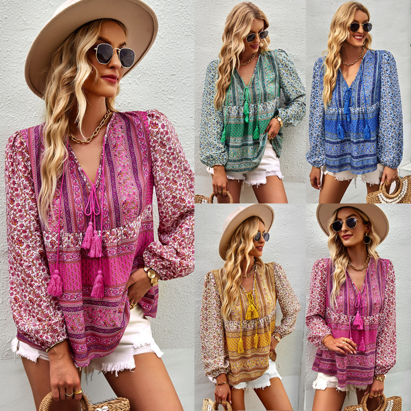 Women's Bohemian Style Fashion Long Sleeve Printed Top Shirt