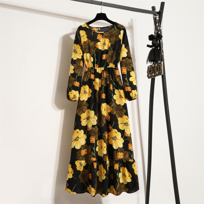 Women Casual Solid Full Sleeve Floral Print O-neck Party Maxi Dress