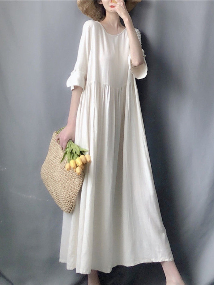 Women Fashion V-Neck Vintage Solid Elegant Maxi Dress