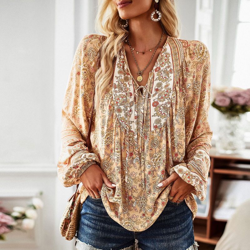 Women's Fashion Casual Print V-neck Long Sleeve Shirt