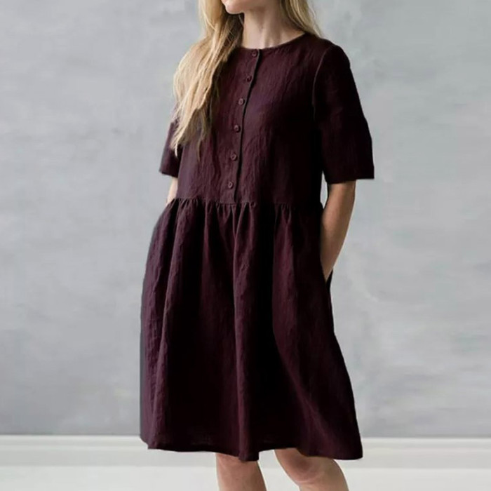 Women Short Sleeve Solid Cotton Linen Round Neck Casual Dress