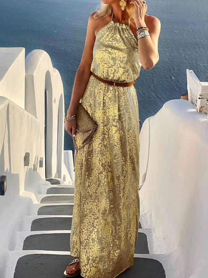 Women Casual Sleeveless Print Loose Beach Style Maxi Dress