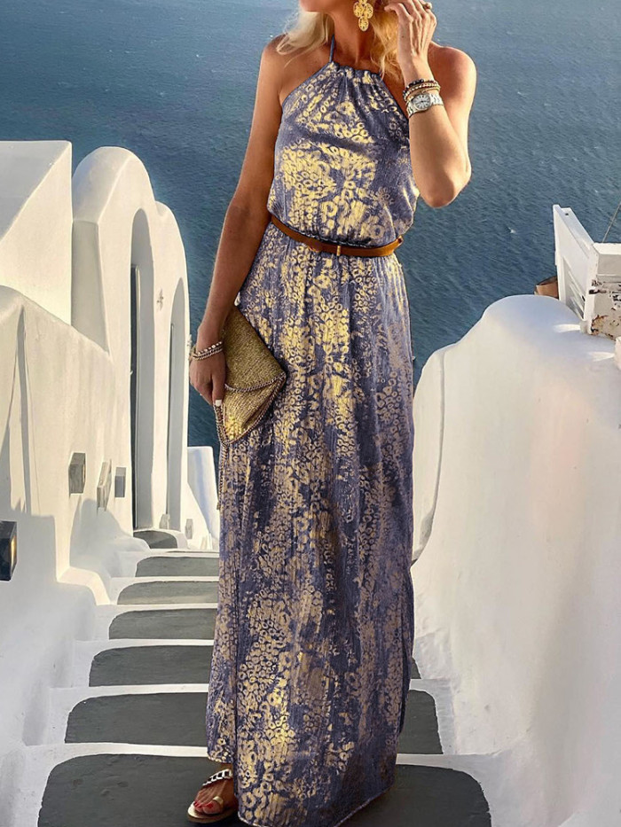 Women Casual Sleeveless Print Loose Beach Style Maxi Dress