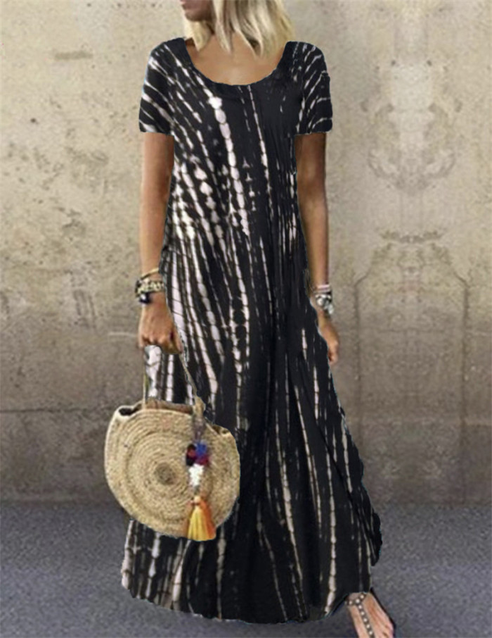 Women O Neck Short Sleeve Casual Loose Fashion Print Maxi Dress