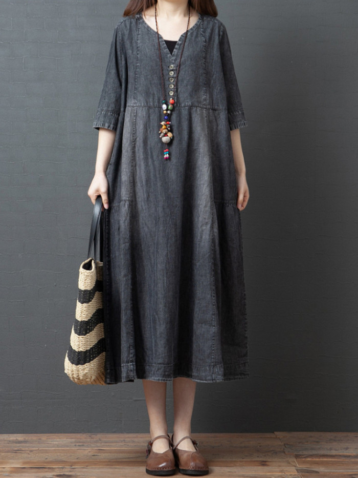 Fashion Oversize Vintage Elegant Casual V-neck Middle Sleeve Denim Midi Dress
