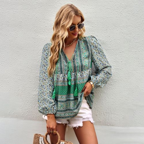 Women's Bohemian Style Fashion Long Sleeve Printed Top Shirt