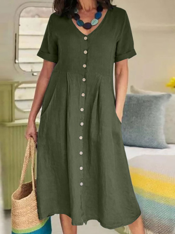 Women's V-neck Cotton Linen Beach Casual Loose Button Dress
