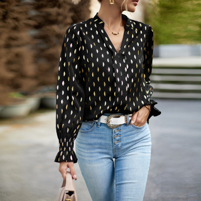 Women's V-neck Fashion Print Long Sleeve Top Shirt