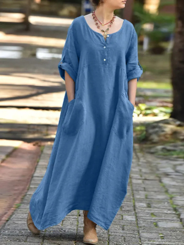 Women Casual Large Size O-Neck Fashion Cotton and Linen Maxi Dress