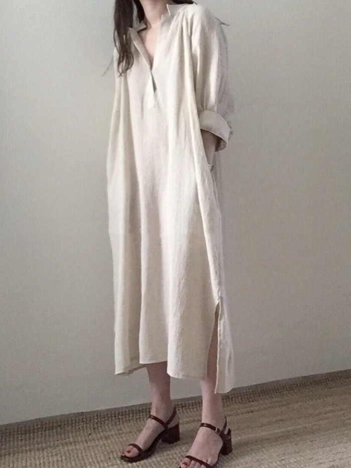 Loose Solid Color Cotton and Linen Shirt Mid-length V-neck Dress