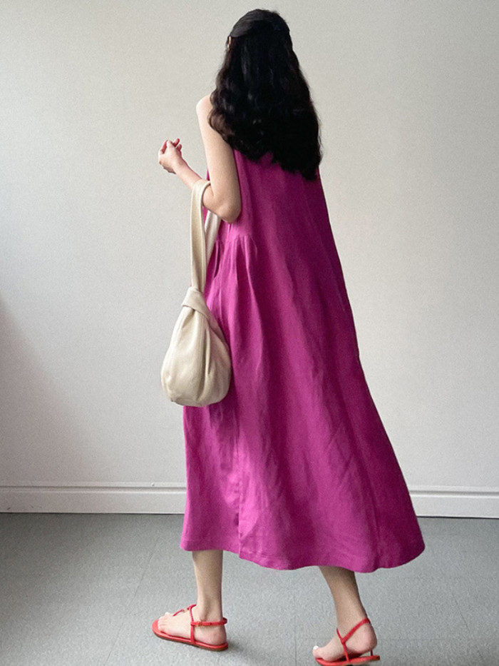 Women Sleeveless Solid Elegant Casual Vintage Midi Dress