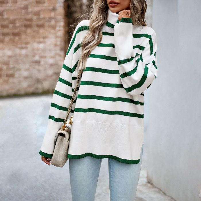 Women's Fashion Casual Striped Knit Top Turtleneck Sweater