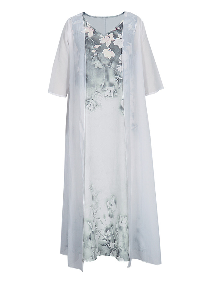 Women's Elegant Print Dress V Neck Casual Fashion Long Sleeved Loose Two-piece Dress
