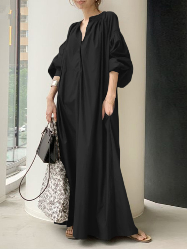 Women's Fashion V-Neck Loose Solid Color Simple Fashion Casual Vintage Maxi Dress