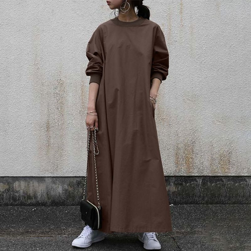 Women's Fashion Casual Pullover Long Sleeve Round Neck Vintage Maxi Dress