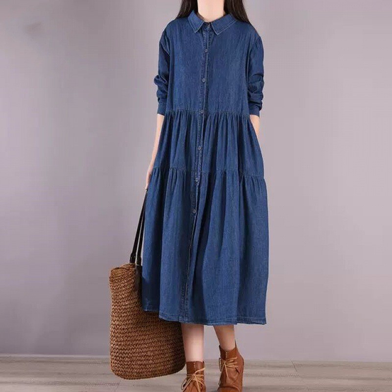 Fashion Oversized Elegant Long Sleeve Loose Shirt Collar Denim Midi Dres