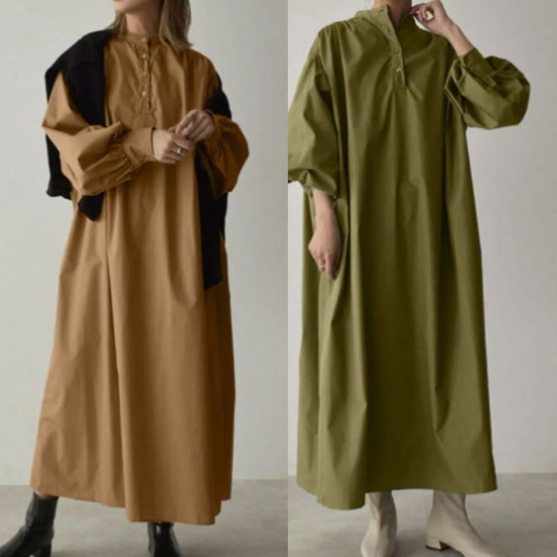 Women Fashion Long Sleeve Vintage Oversize Solid Elegant Maxi Dress