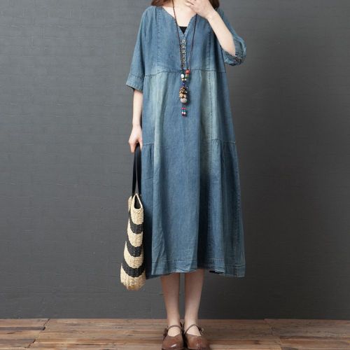 Fashion Oversize Vintage Elegant Casual V-neck Middle Sleeve Denim Midi Dress