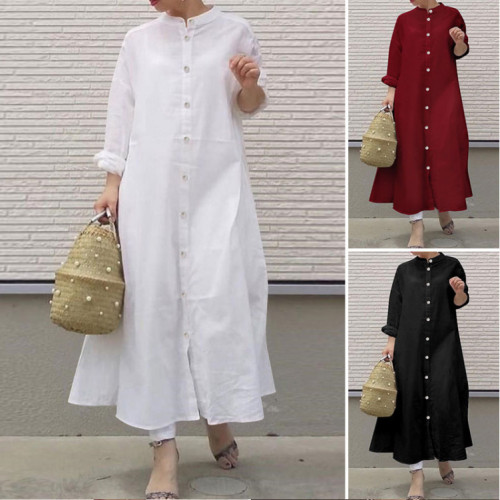 Women Fashion Long Sleeve Vintage Oversize Casual Maxi Dress
