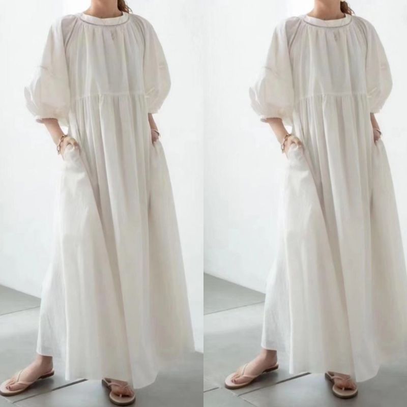 Women's V-Neck Loose Casual Comfortable Puff Sleeve Cotton Maxi Dress