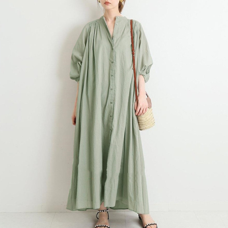 Women's Solid Color Cotton Linen Retro Pleated Loose Casual Elegant Maxi Dress