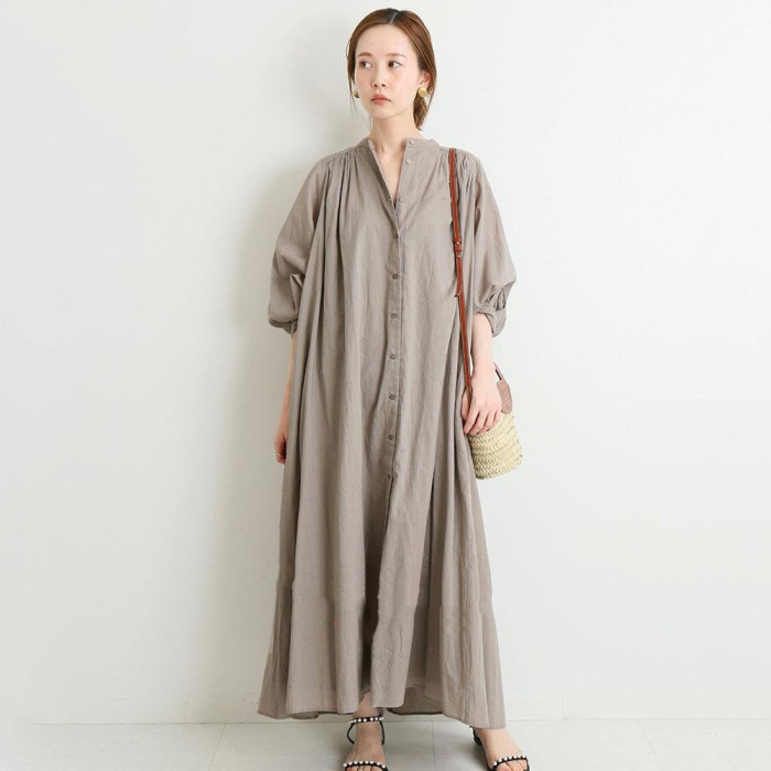 Women's Solid Color Cotton Linen Retro Pleated Loose Casual Elegant Maxi Dress
