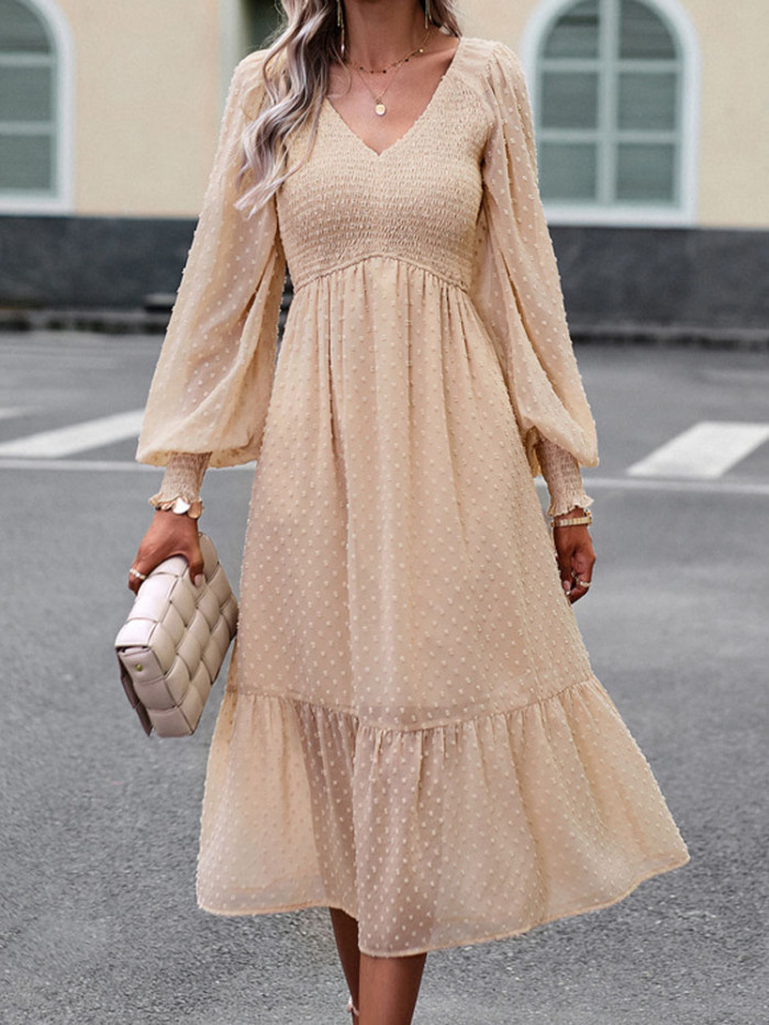 Elegant Jacquard Long Dresses Lantern Sleeve V Neck Dress Female Vintage Solid Casual Loose Holiday Dress
