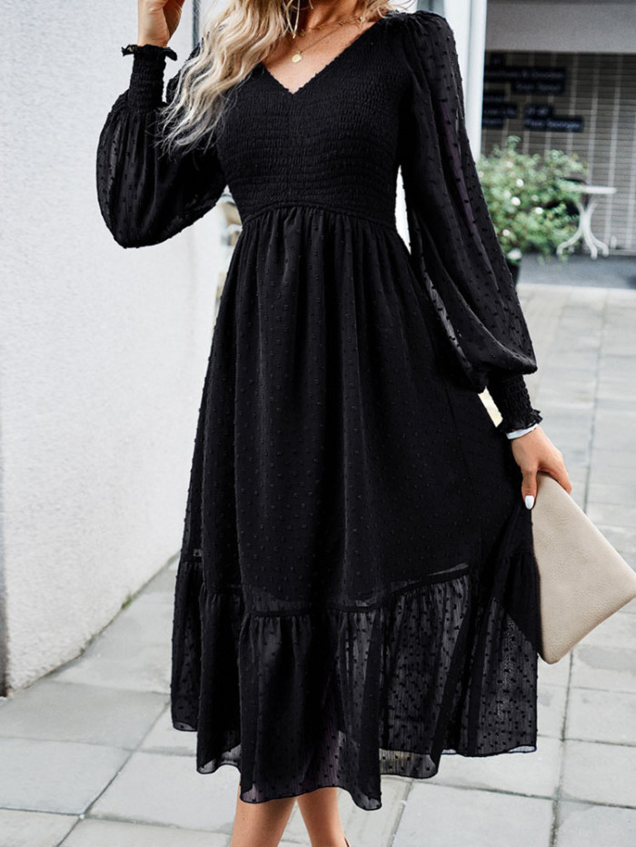 Elegant Jacquard Long Dresses Lantern Sleeve V Neck Dress Female Vintage Solid Casual Loose Holiday Dress