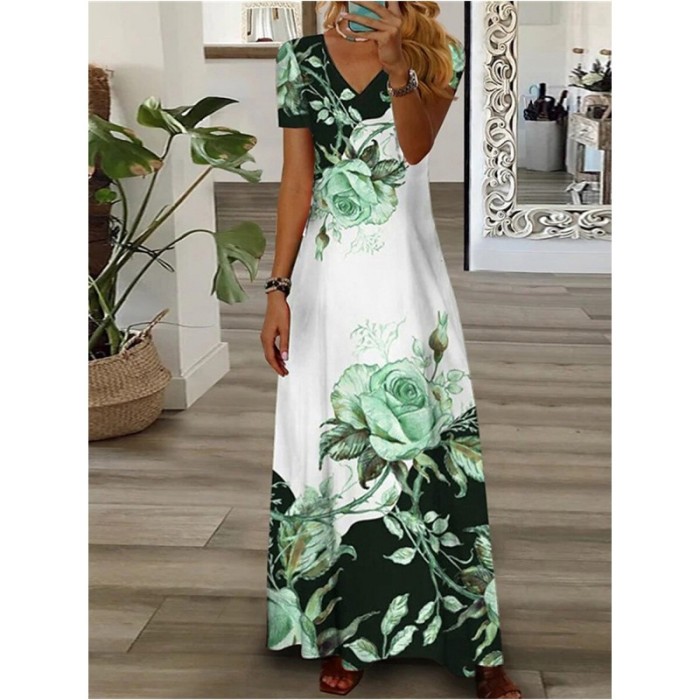 V-Neck Long Sleeve Elegant Fashion Printing Loungewear Ladies Maxi Dress