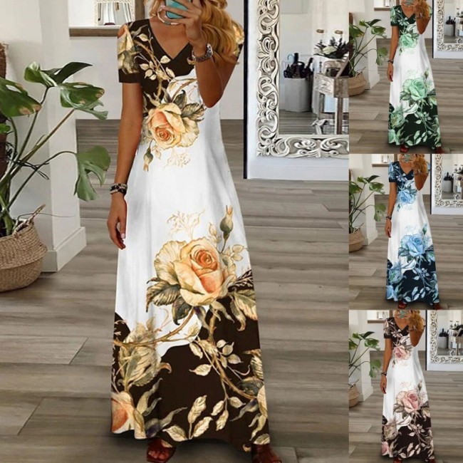 V-Neck Long Sleeve Elegant Fashion Printing Loungewear Ladies Maxi Dress