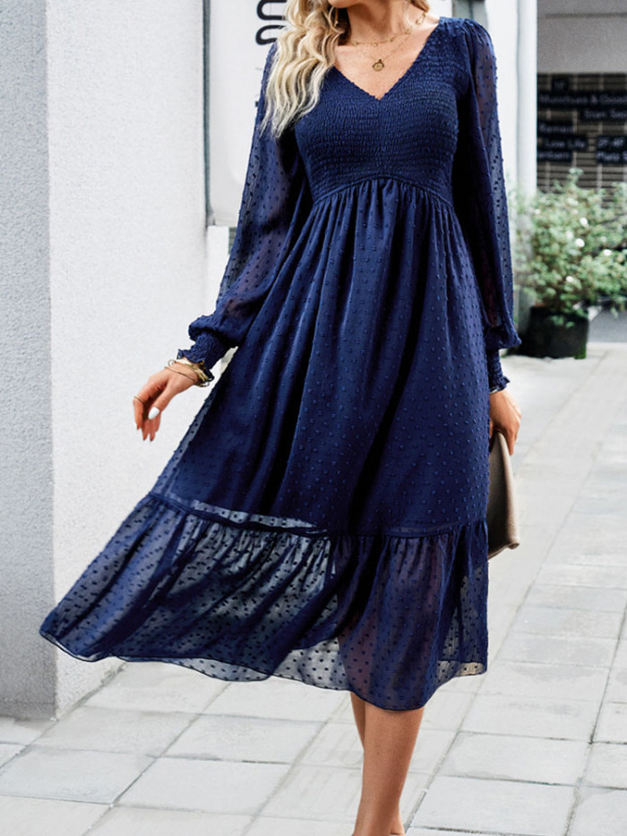 Elegant Jacquard Long Dresses Lantern Sleeve V Neck Dress Female Vintage Solid Casual Loose Holiday Dress