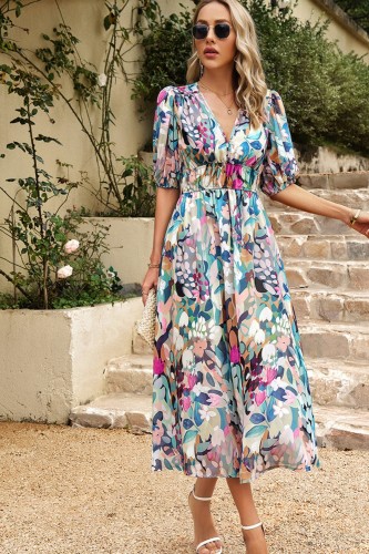 Elegant Sexy V-neck Flower Print Lantern Sleeves Long Fit Maxi Dresses 6 Colors