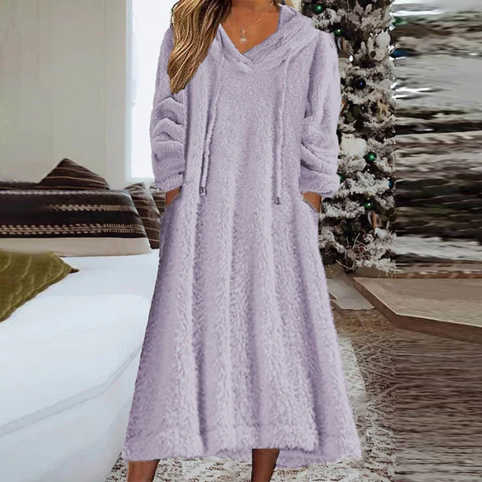 Women 2023 Winter Homewear Solid Color Drawstring Pockets Furry Warm Hooded Sweatshirt Dress