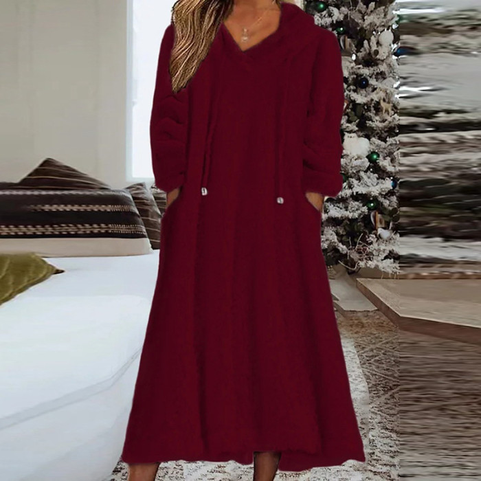 Women 2023 Winter Homewear Solid Color Drawstring Pockets Furry Warm Hooded Sweatshirt Dress