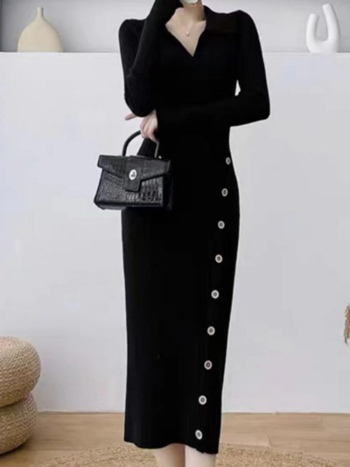 Women's Autumn Winter Sexy Spicy Elegant Commuter Knitted High Waist Slim Fit Polo Neck Dress