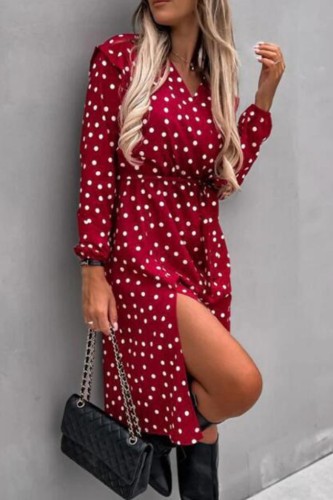 Women Wrap V Neck Belted Polka Dot Print Split Long Sleeve A-Line Party Dress