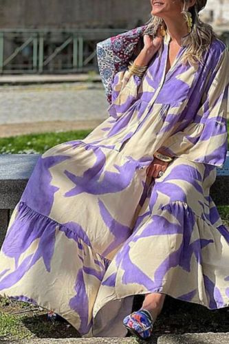 Women Purple Print V-Neck Pleated Flare Sleeves Swing Casual Loose Dress