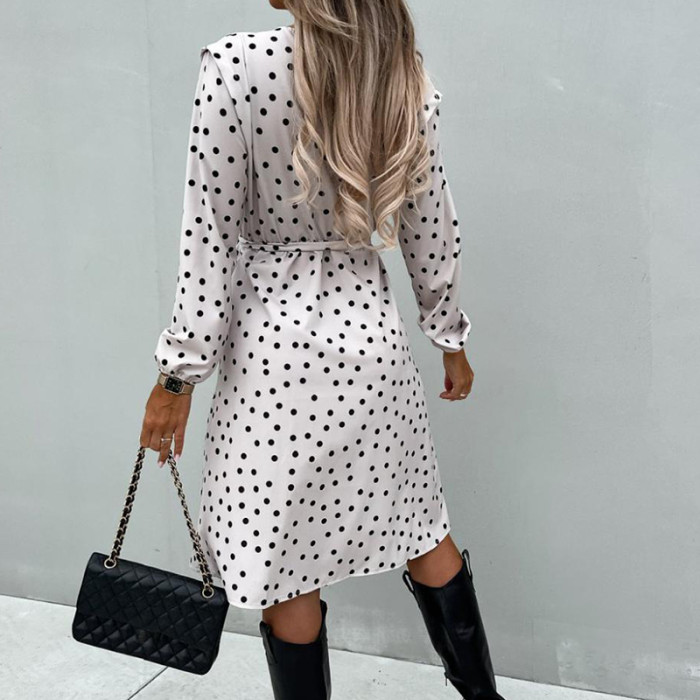 Women Wrap V Neck Belted Polka Dot Print Split Long Sleeve A-Line Party Dress