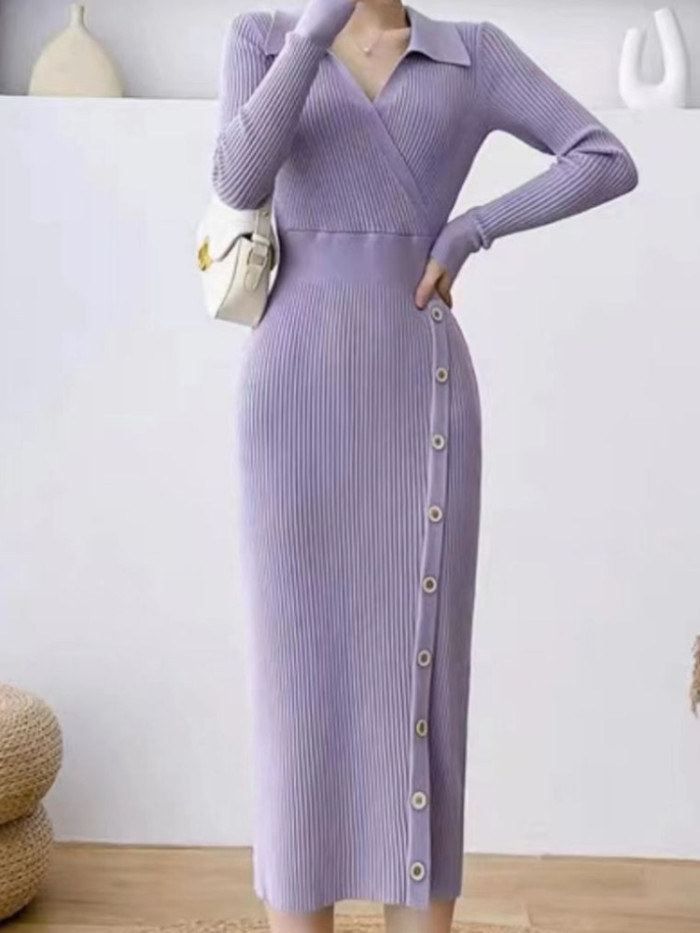 Women's Autumn Winter Sexy Spicy Elegant Commuter Knitted High Waist Slim Fit Polo Neck Dress