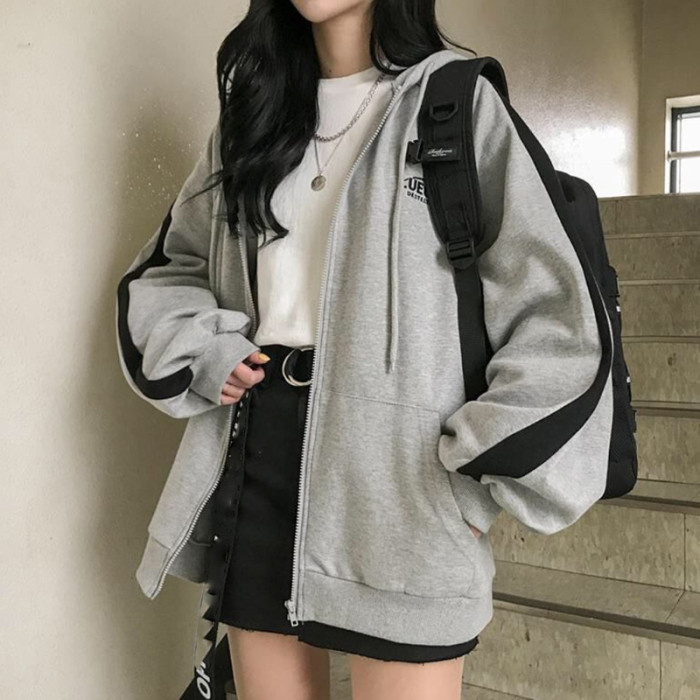 Women Solid Zip Up Hooded Sweatshirts Harajuku Loose Pockets Jacket Coats